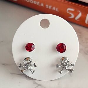 Skull Crossbones Earrings Red Gem Studs